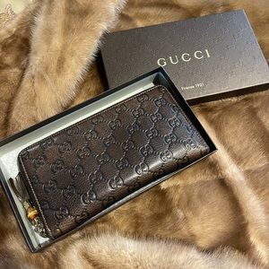 💚GUCCI Brown Guccissima Leather Bamboo Zippy Organizer Wallet